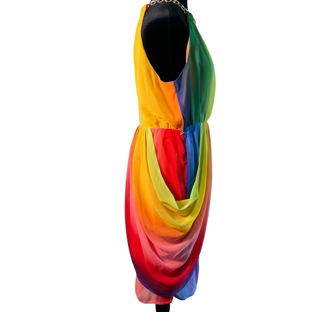 New York & Company Rainbow Ombre Halter Wrap Dress Gold Chain Neck Midi Sz M NWT - Picture 4 of 14